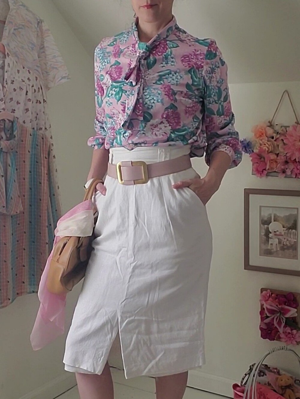 Vintage Tie-bow Floral Print Button Front Long Sleeve Blouse Pink Green - Picture 2 of 11